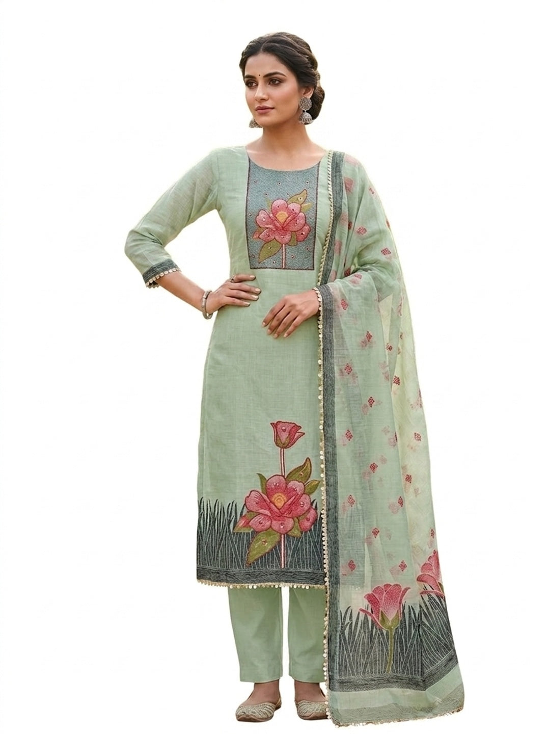 Peachmode Sea Green Pure Banarasi Cotton Dress Material with Embroidered Dupatta - Image 5