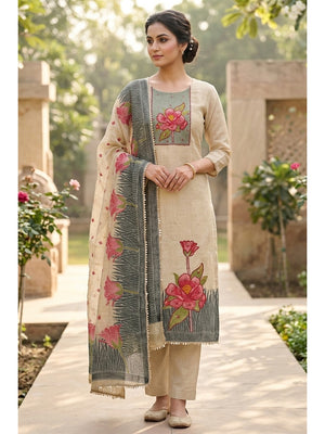 Peachmode Cream Pure Banarasi Cotton Dress Material with Embroidered Dupatta - Image 1