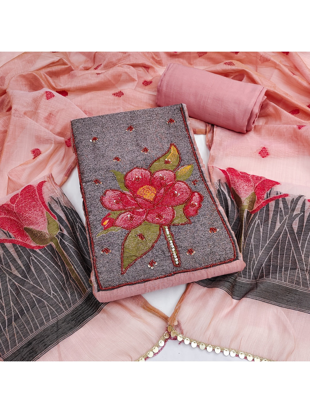 Peachmode Pink Pure Banarasi Cotton Dress Material with Embroidered Dupatta - Image 1