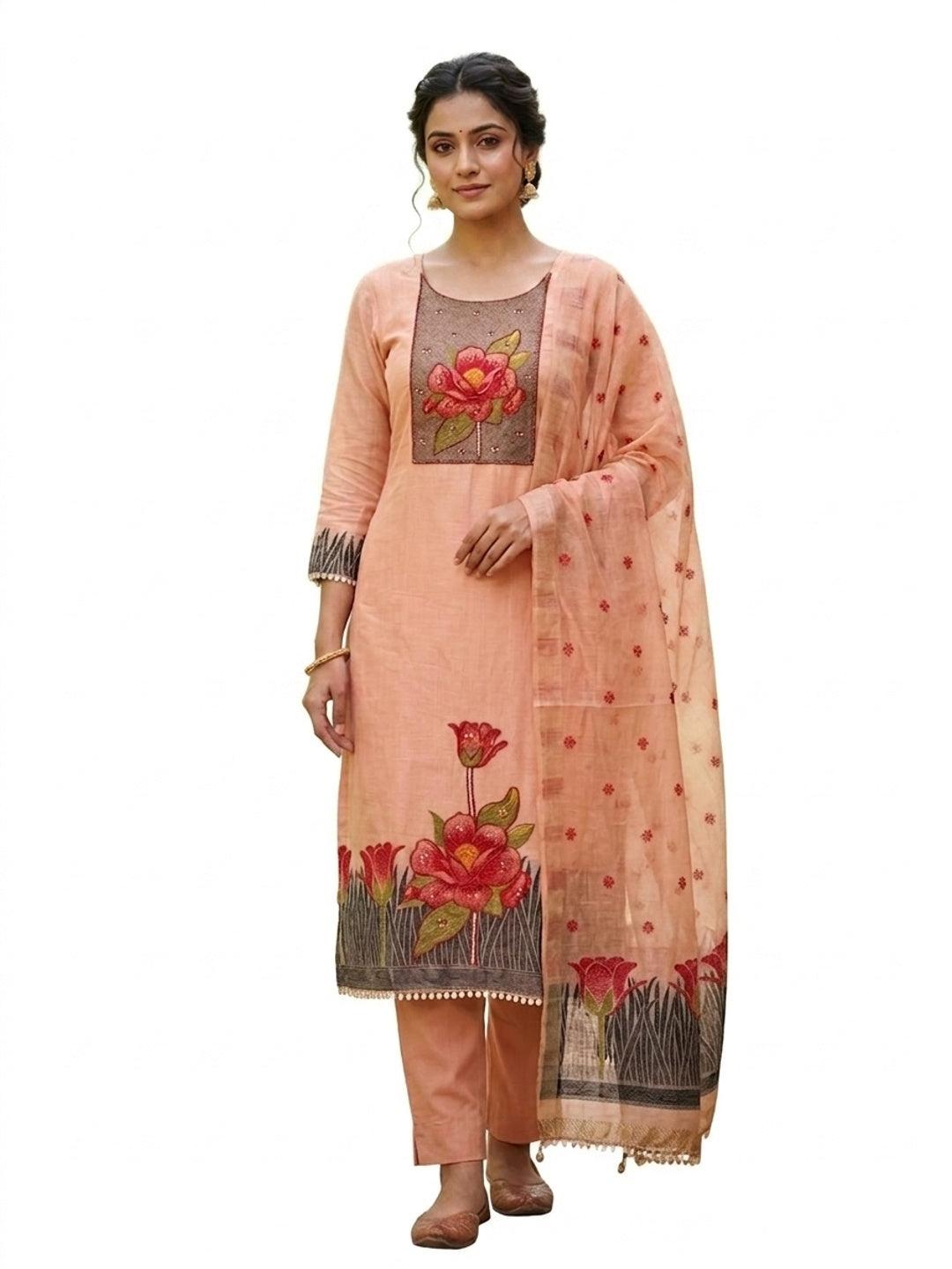 Peachmode Peach Pure Banarasi Cotton Dress Material with Embroidered Dupatta - Image 6