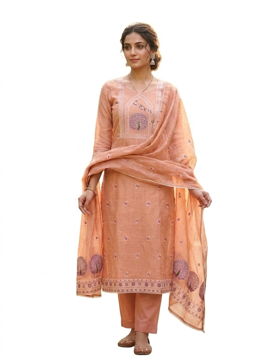 Peachmode Peach Pure Banarasi Cotton Dress Material with Embroidered Dupatta - Image 6