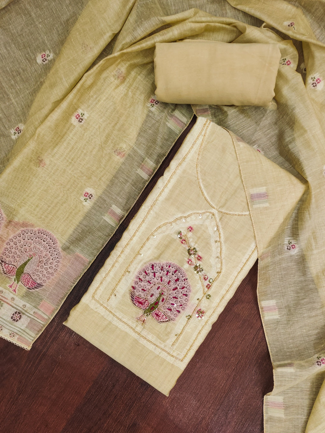 Peachmode Cream Pure Banarasi Cotton Dress Material with Embroidered Dupatta - Image 1