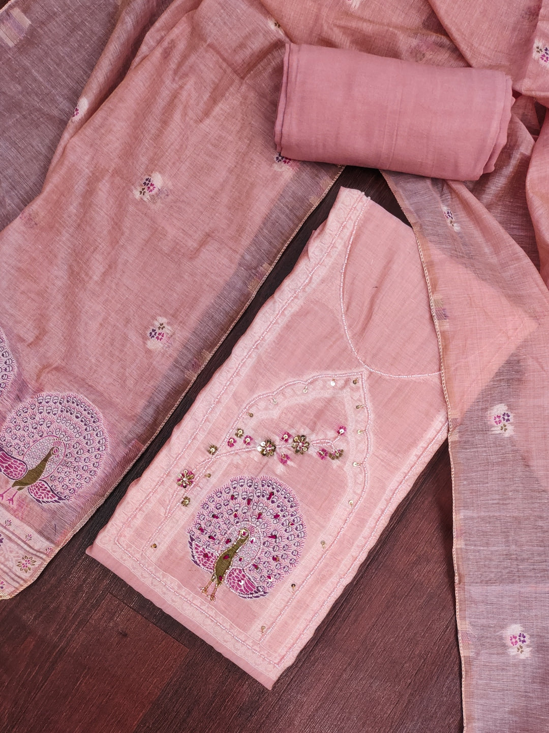 Peachmode Pink Pure Banarasi Cotton Dress Material with Embroidered Dupatta - Image 1