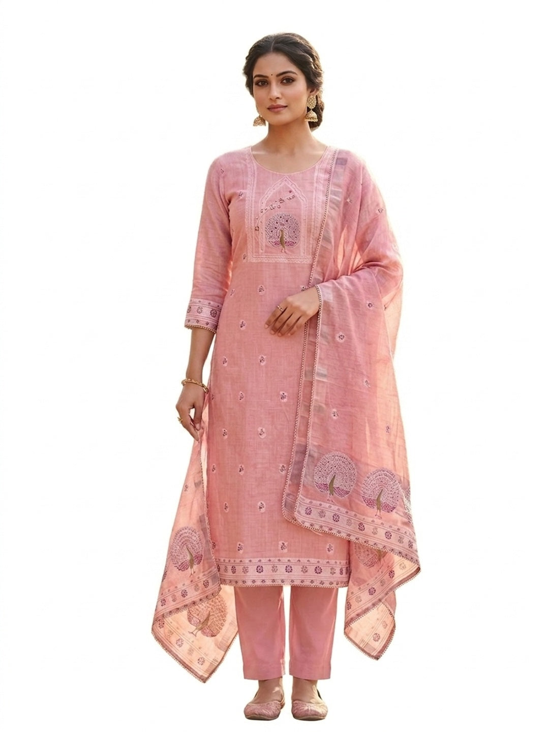 Peachmode Pink Pure Banarasi Cotton Dress Material with Embroidered Dupatta - Image 5