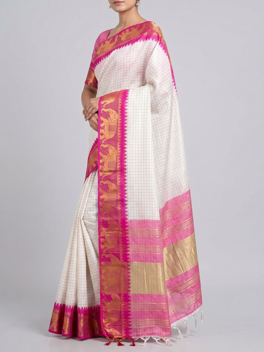 White & Rani Pink Woven Cotton Silk Saree With Tassels - Image 4