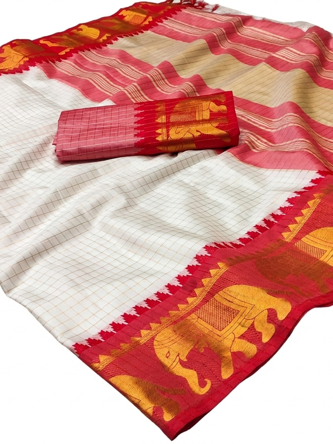 White & Red Woven Cotton Silk Saree With Tassels - Image 2