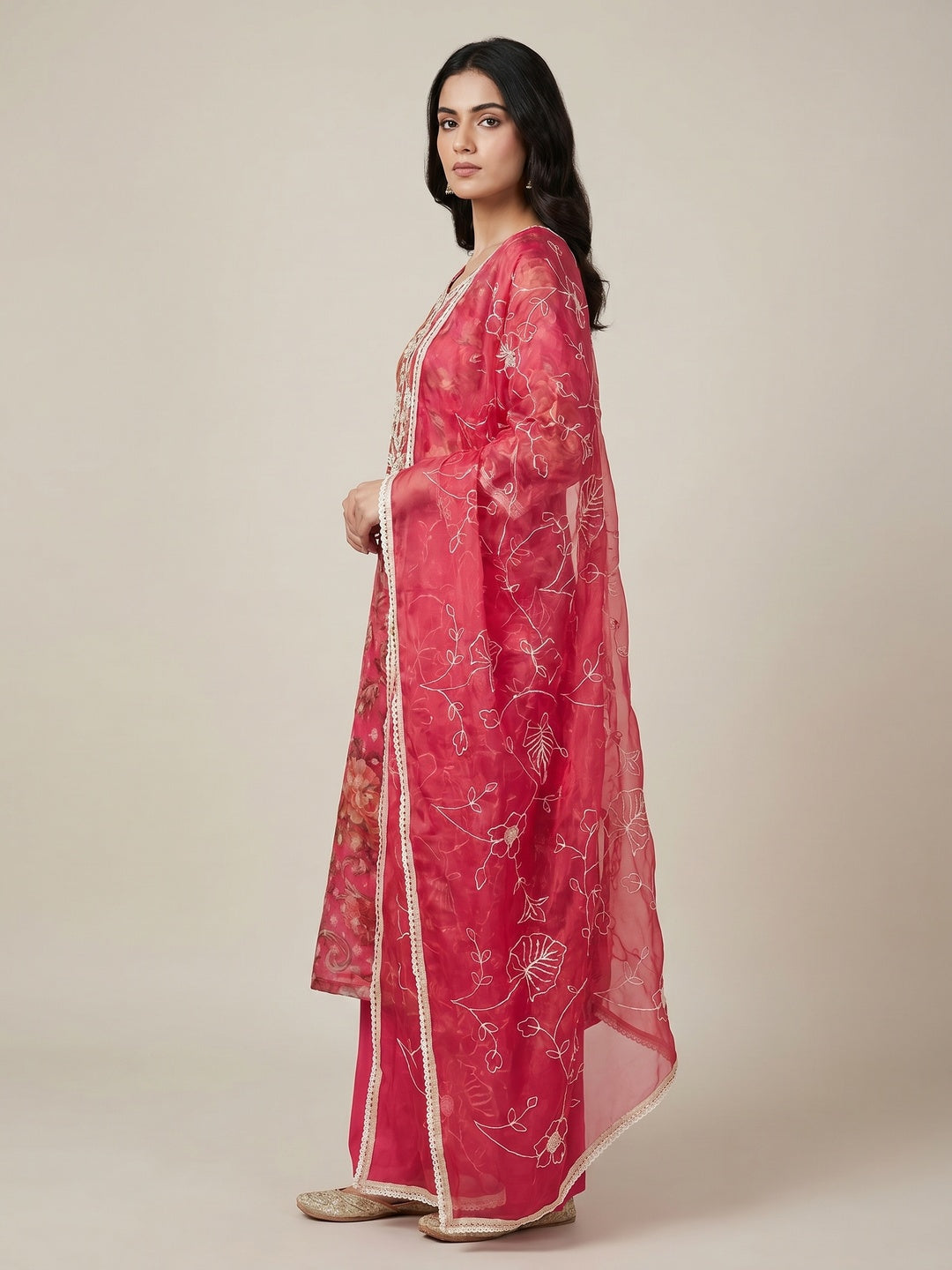 Pink Floral Digital Printed With Moti Work Organza Dress Material - Image 3