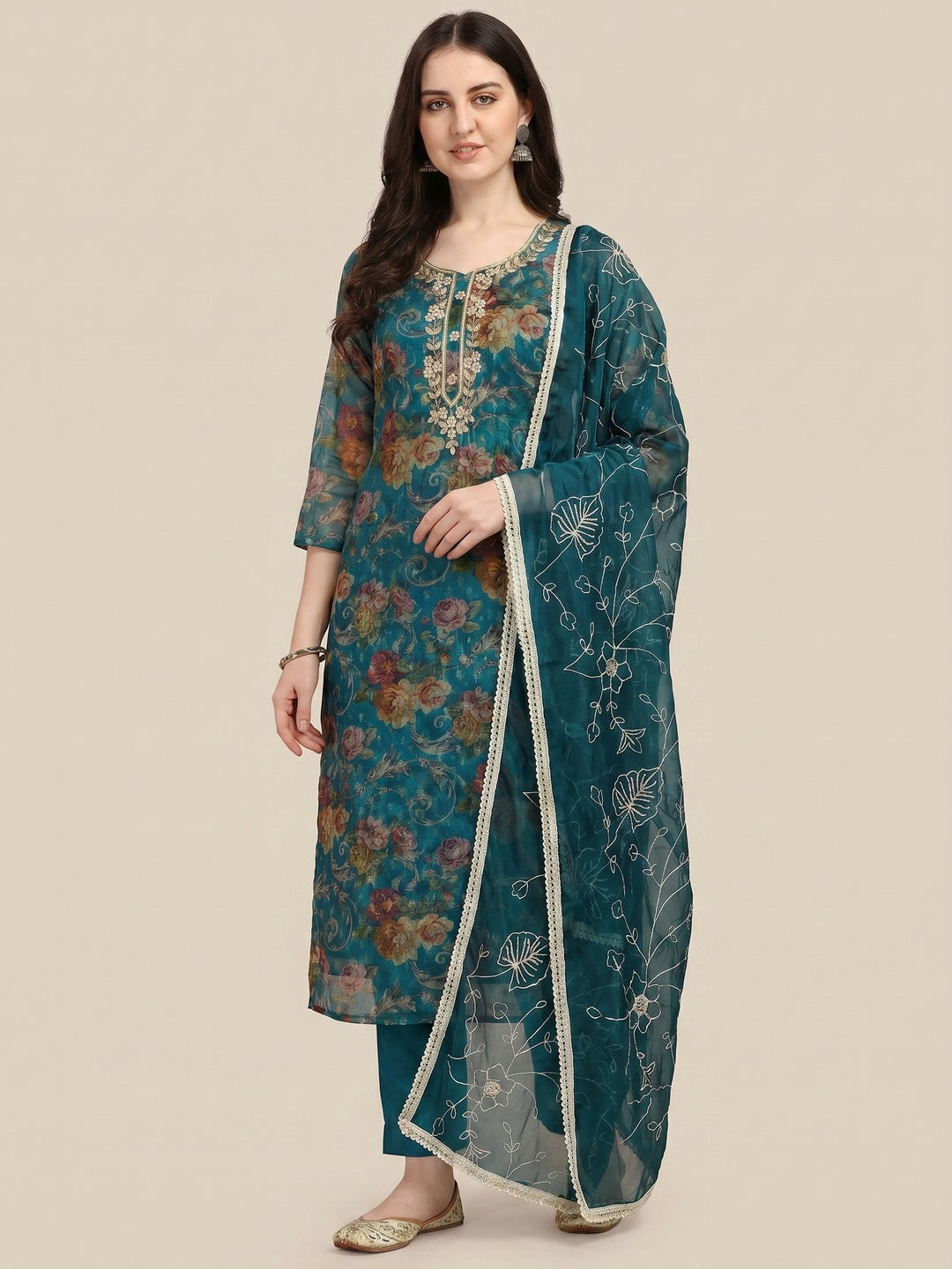 Morpich Floral Digital Printed With Moti Work Organza Dress Material - Image 1