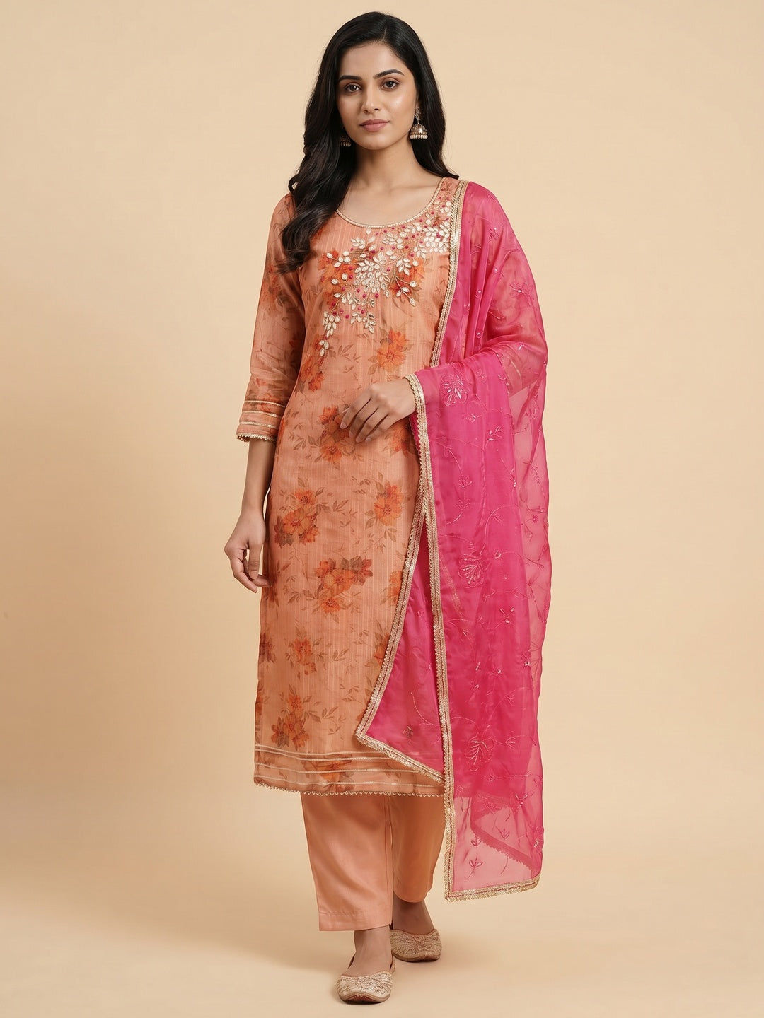 Peach & Pink Floral Digital Printed With Handwork Chanderi Silk Dress Material - Image 1