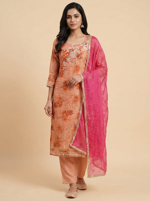 Peach & Pink Floral Digital Printed With Handwork Chanderi Silk Dress Material - Image 1