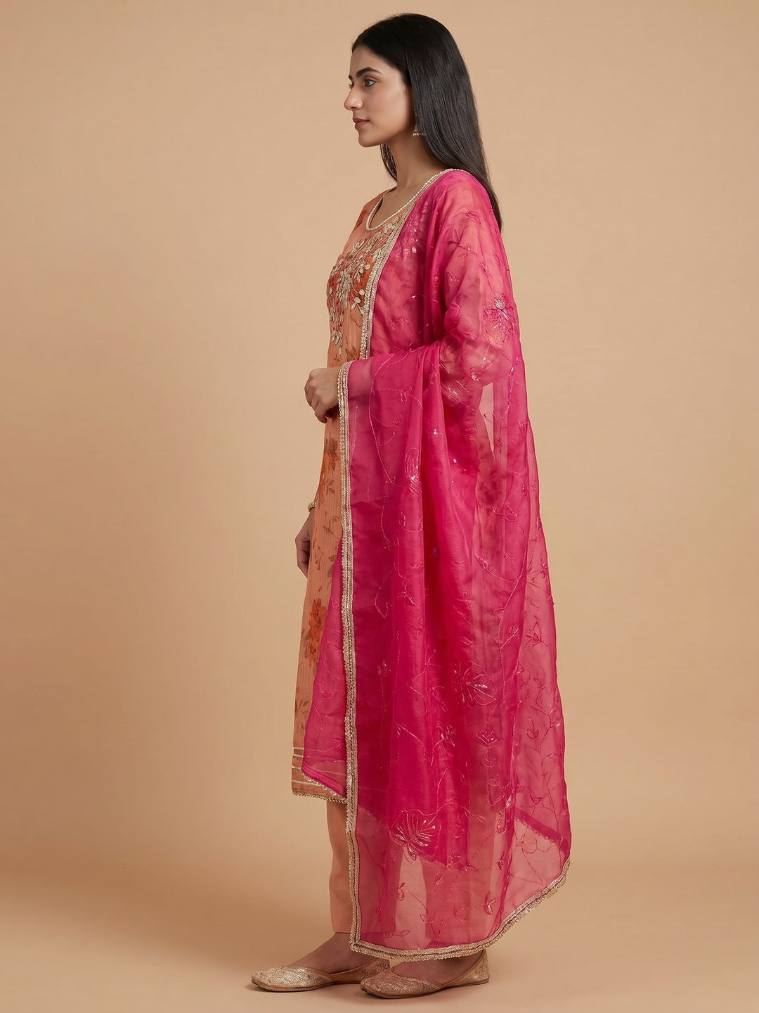 Peach & Pink Floral Digital Printed With Handwork Chanderi Silk Dress Material - Image 2