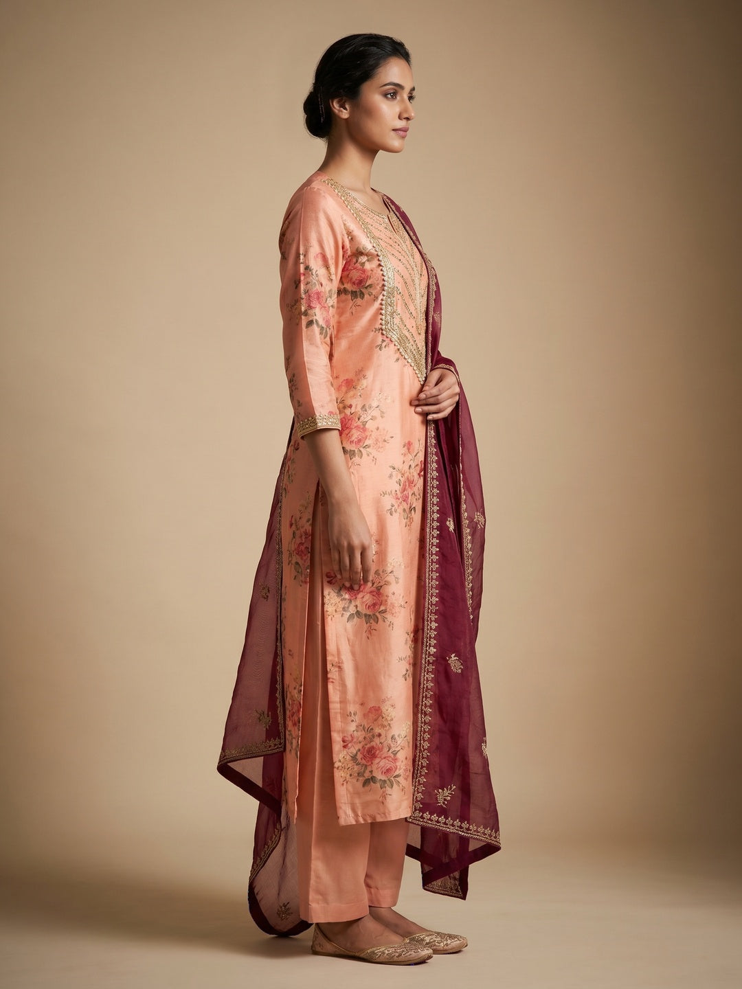 Peach & Wine Floral Digital Printed With Handwork Chanderi Silk Dress Material - Image 2