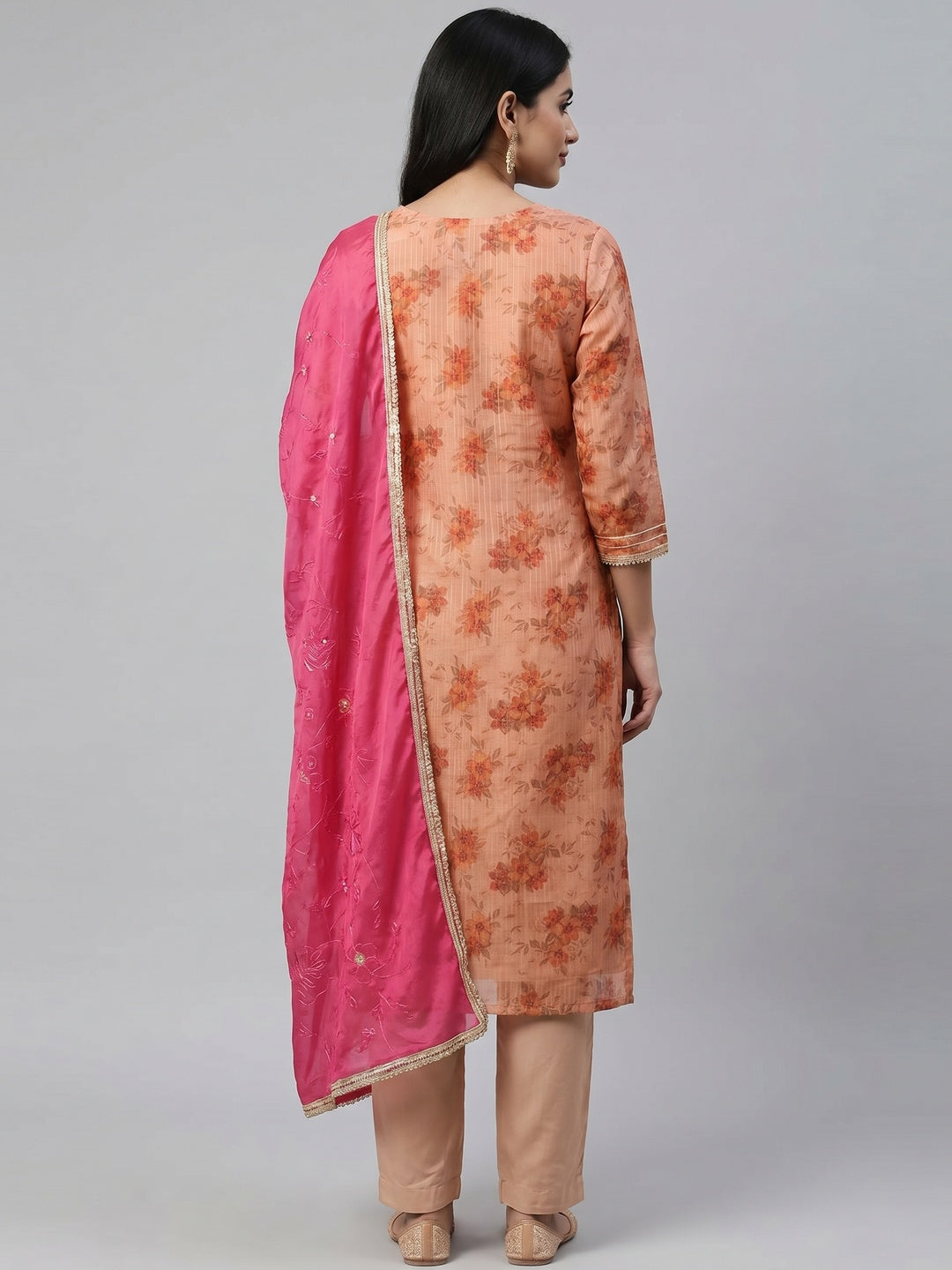 Peach & Pink Floral Digital Printed With Handwork Chanderi Silk Dress Material - Image 3