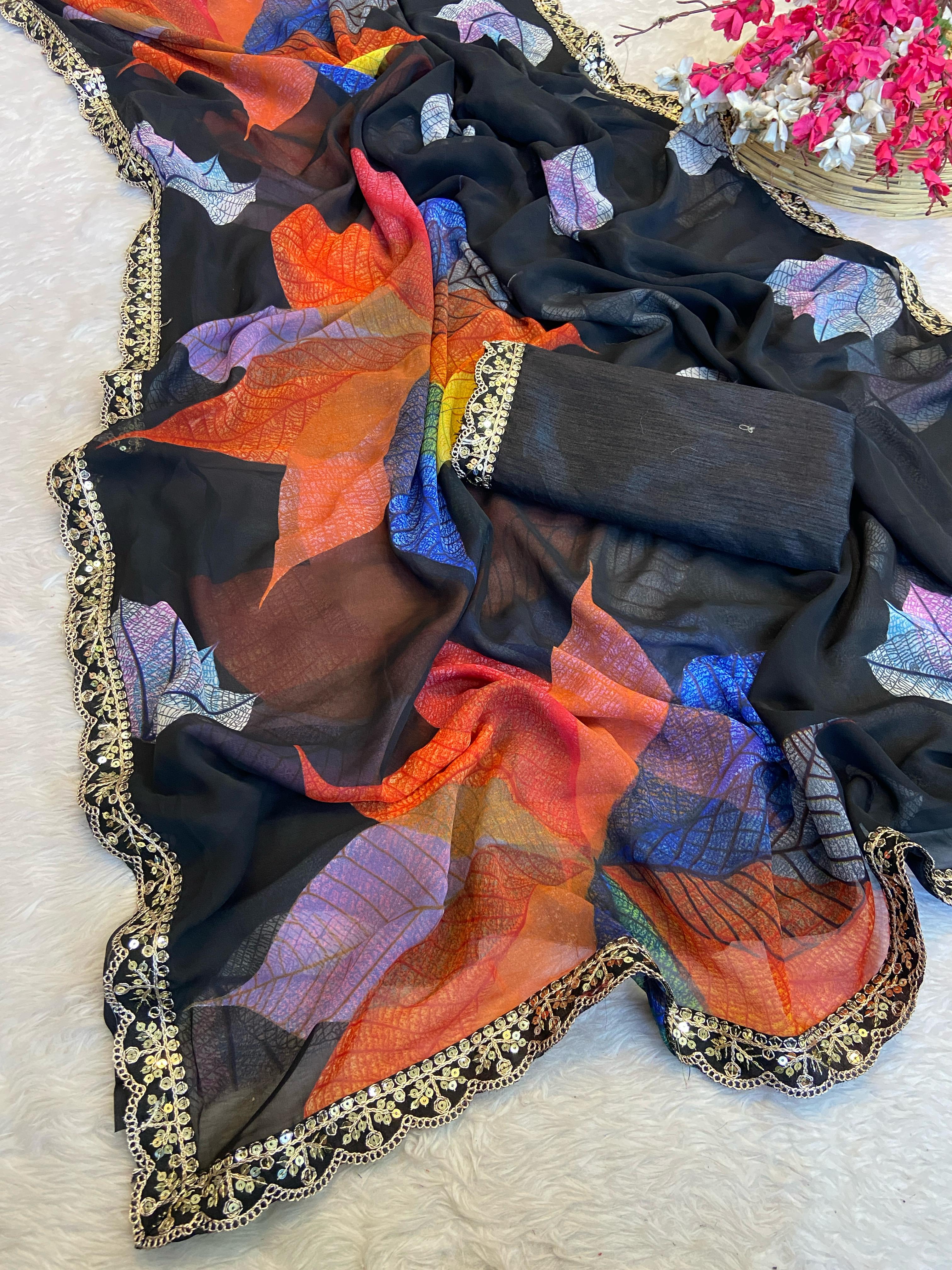 Peachmode Black Georgette Saree with Multicolor Leaf Motifs - Image 2