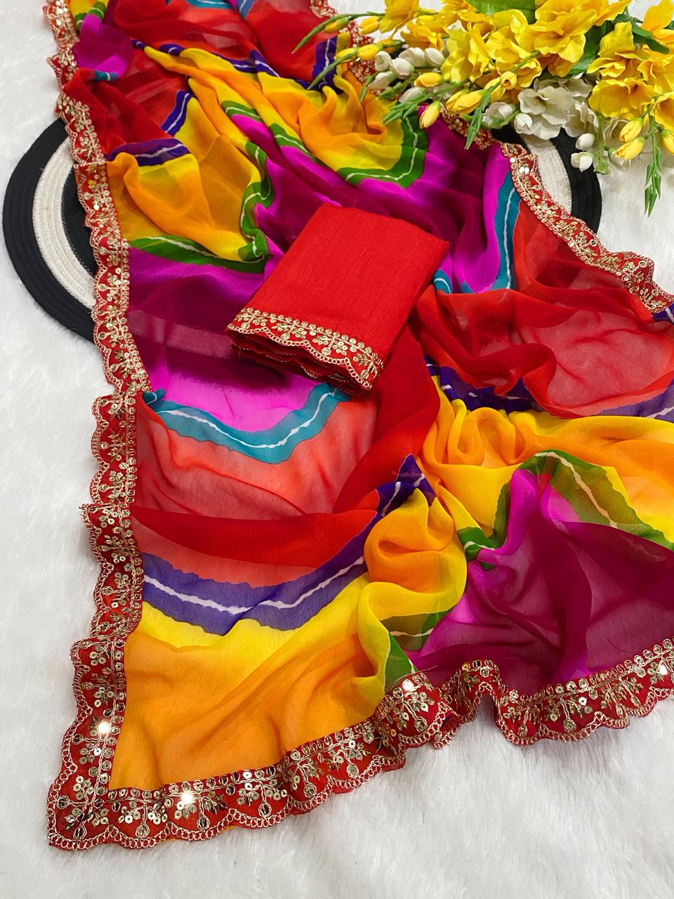Peachmode Multicolor Georgette Leheriya Print Saree - Image 4