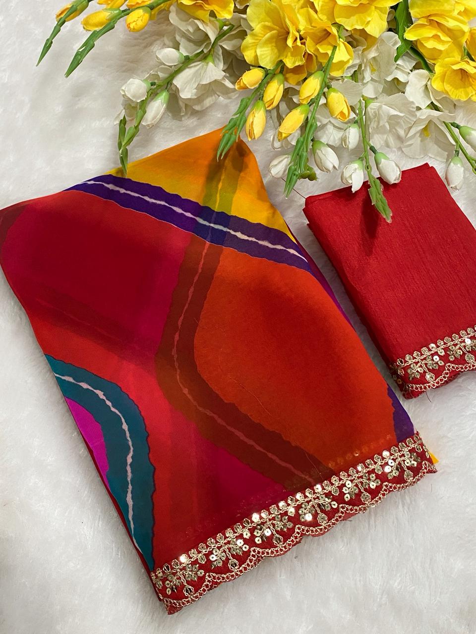 Peachmode Multicolor Georgette Leheriya Print Saree - Image 5