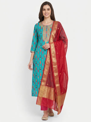 Turquoise Digital Printed With Handwork Pure Cotton Dress Material - Image 1