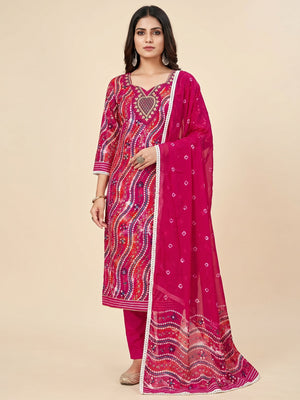 Pink Bandhani Printed With Handwork Pure Cotton Dress Material - Image 1