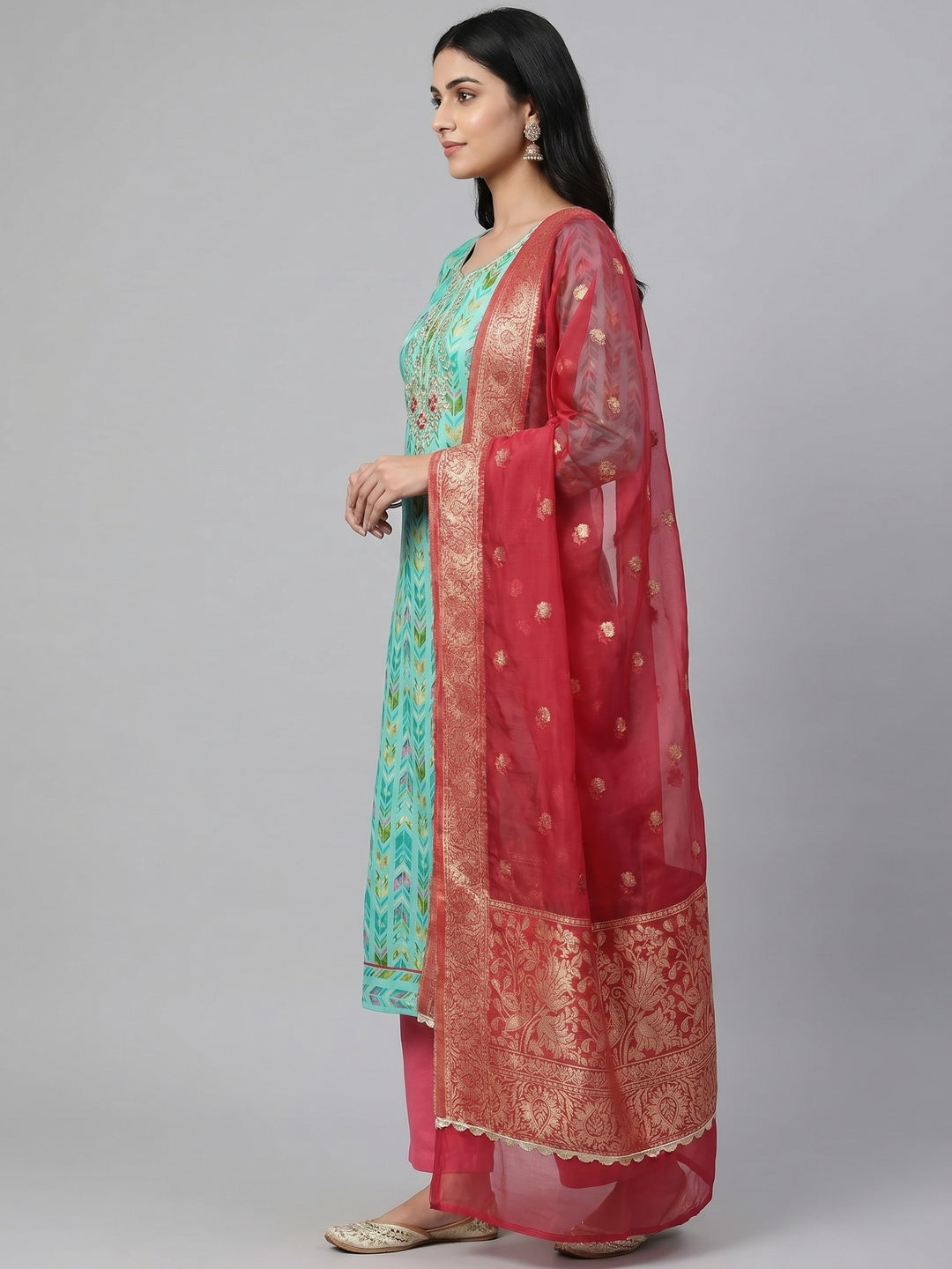 Turquoise Digital Printed With Handwork Pure Cotton Dress Material - Image 3