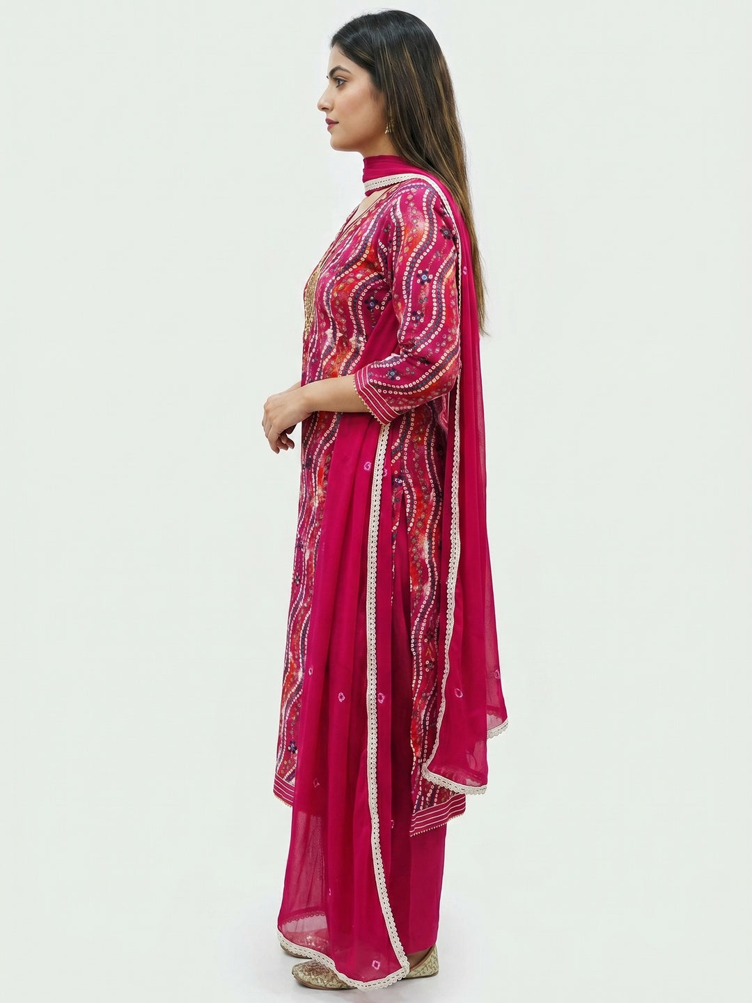 Pink Bandhani Printed With Handwork Pure Cotton Dress Material - Image 2