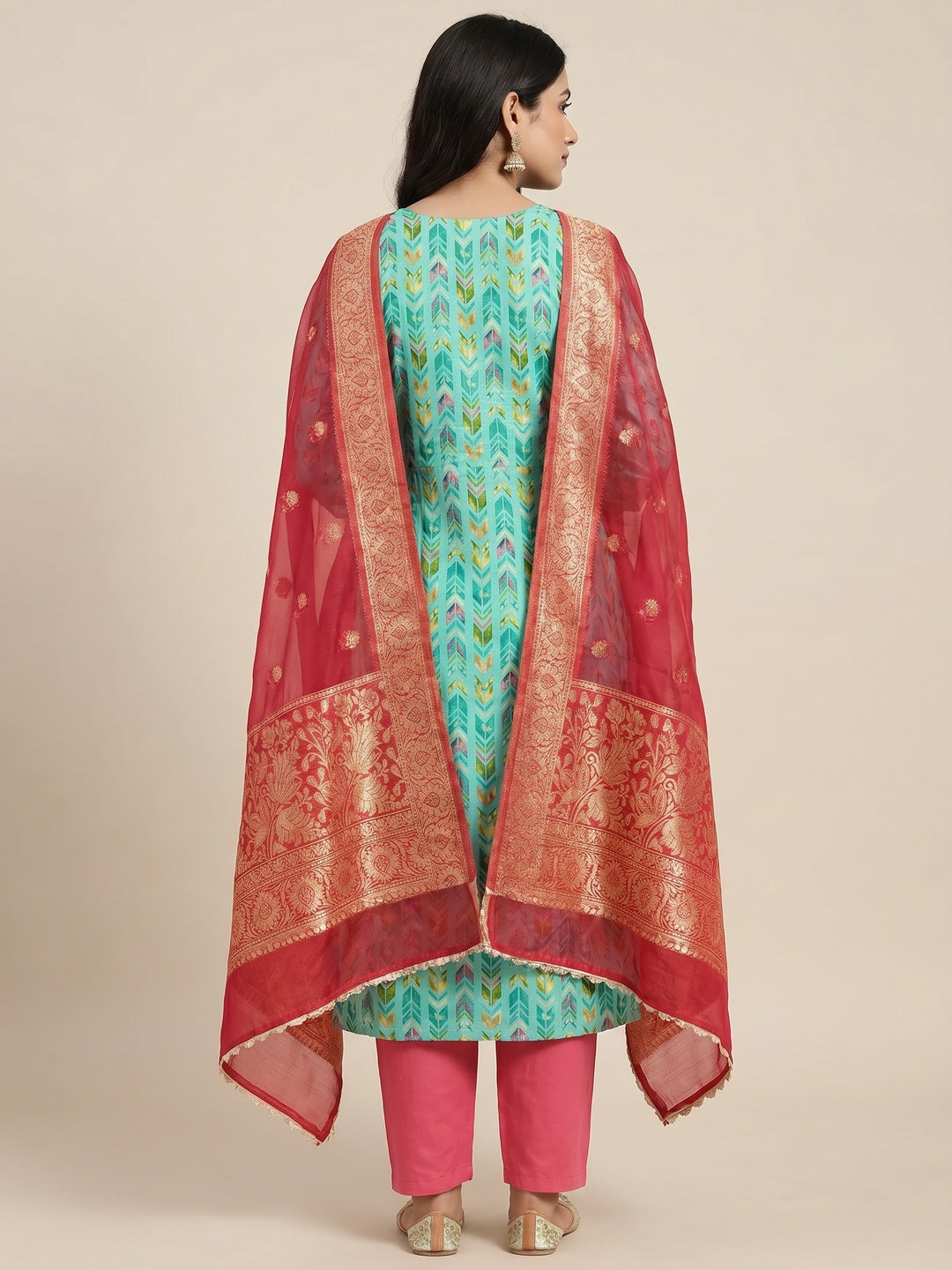 Turquoise Digital Printed With Handwork Pure Cotton Dress Material - Image 2