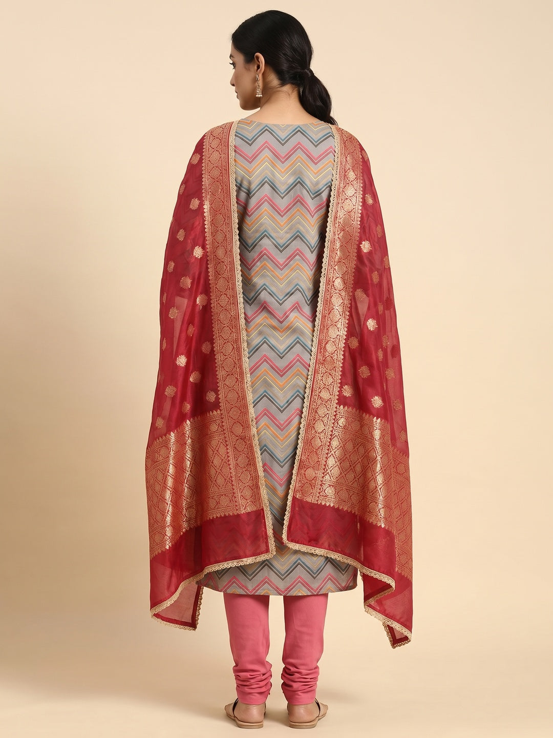 Grey Digital Printed With Handwork Pure Cotton Dress Material - Image 3