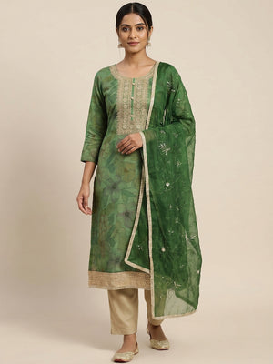 Green Floral Digital Printed Cotton Blend Dress Material - Image 1