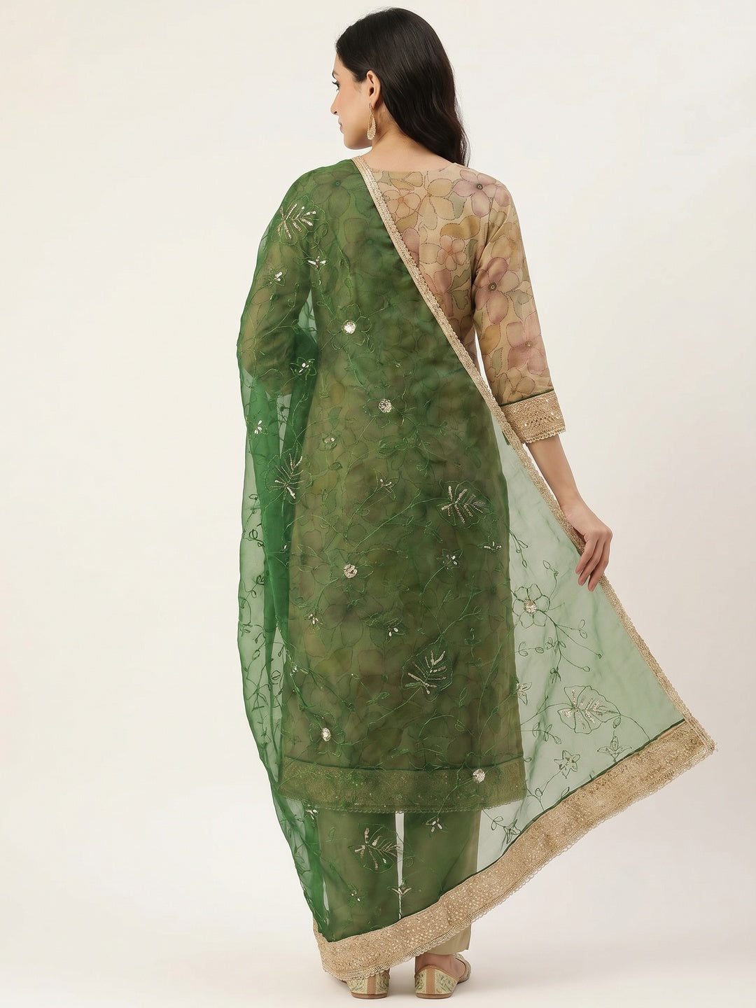 Green Floral Digital Printed Cotton Blend Dress Material - Image 3