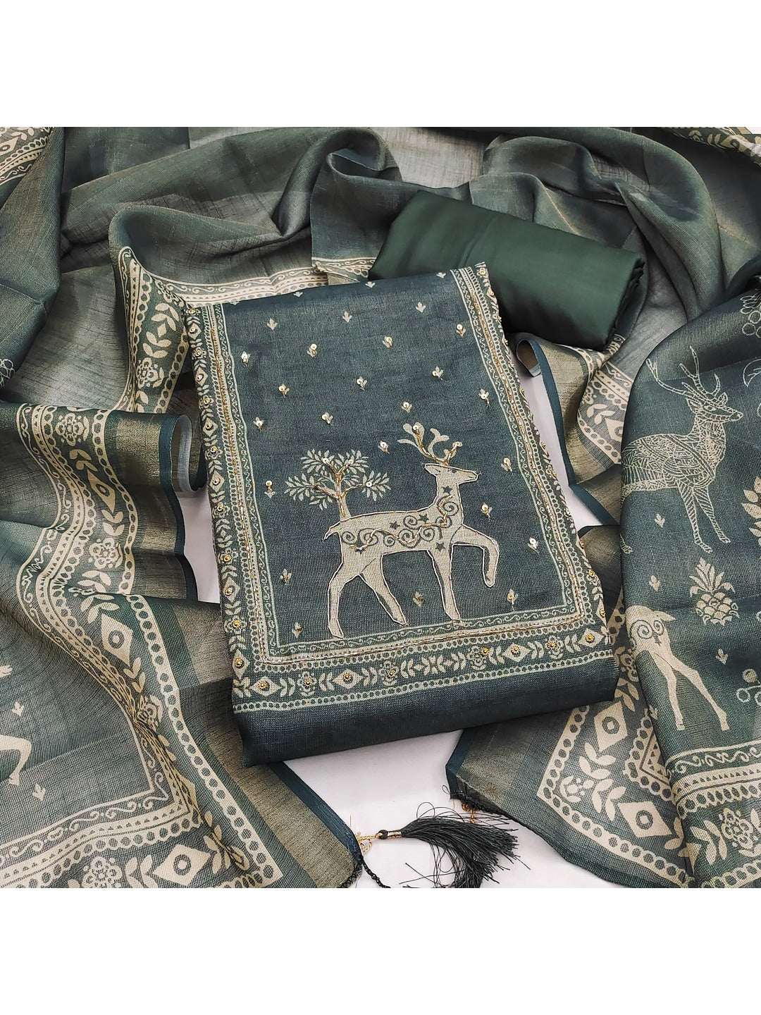 Peachmode Green Linen Dress Material with Ethnic Motifs - Image 1