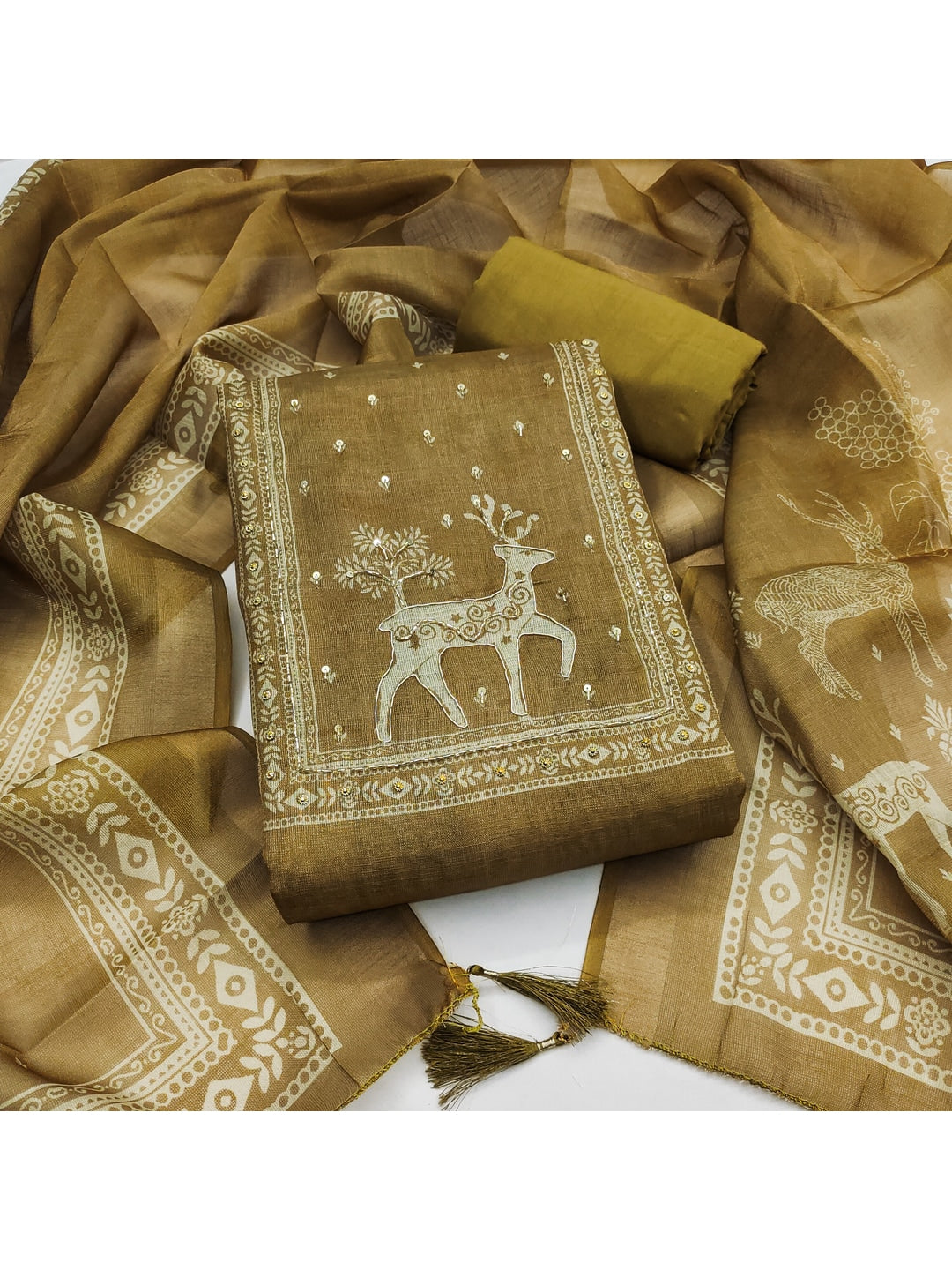 Peachmode Mustard Linen Dress Material with Ethnic Motifs - Image 1