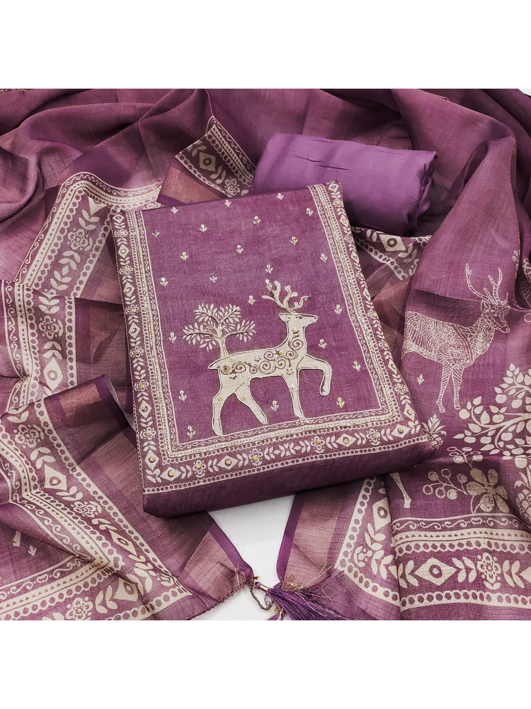 Peachmode Pink Linen Dress Material with Ethnic Motifs - Image 1