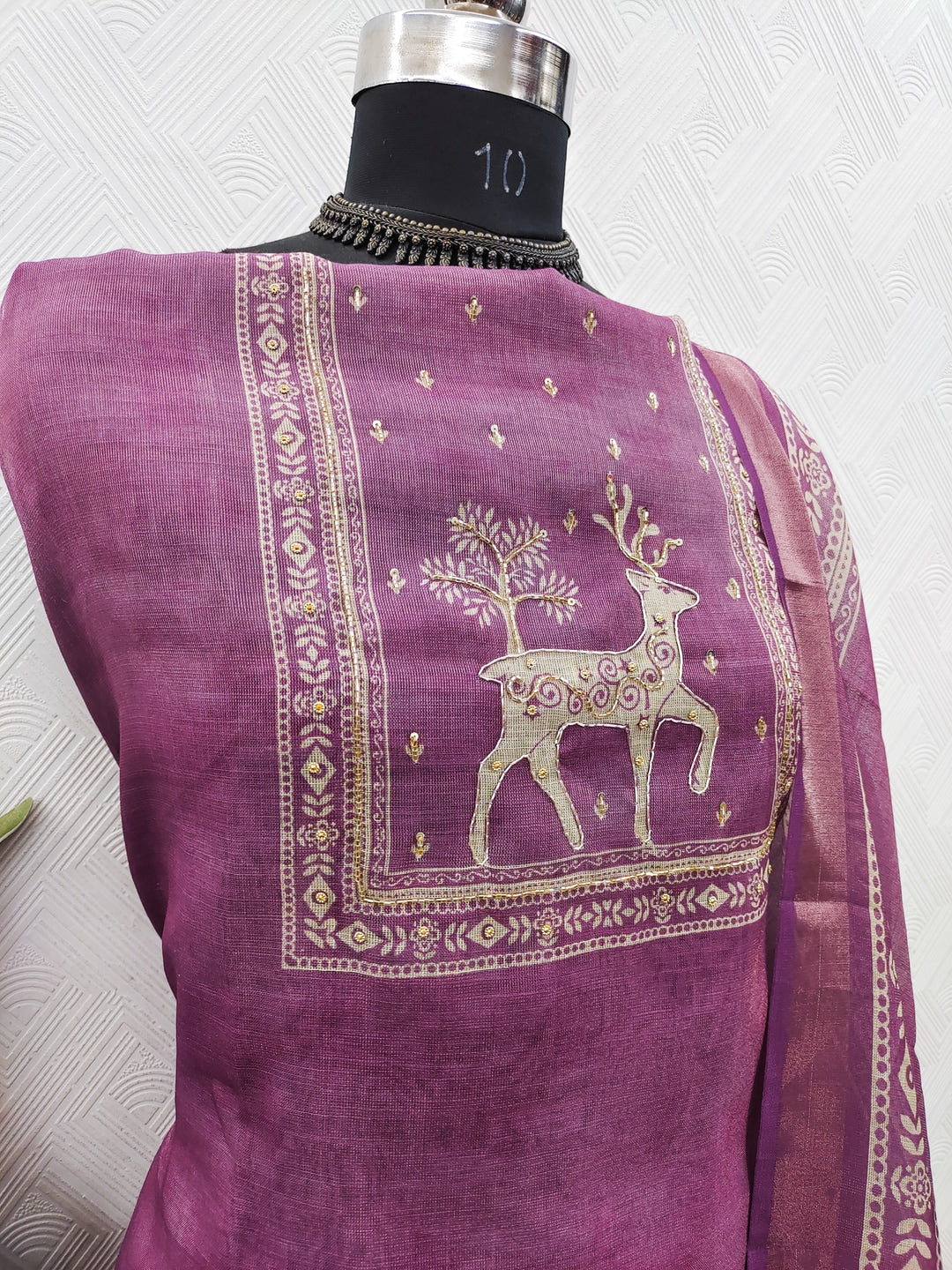 Peachmode Pink Linen Dress Material with Ethnic Motifs - Image 3