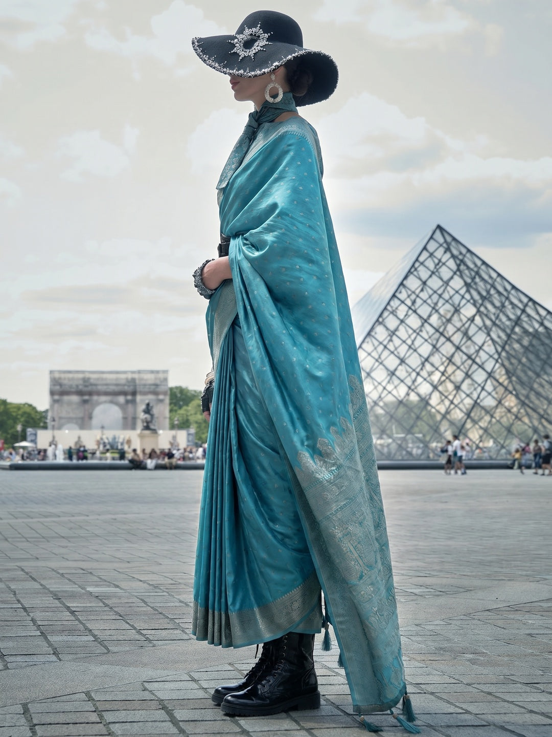 Rama Blue Zari Woven Satin Saree With Tassels - Image 1