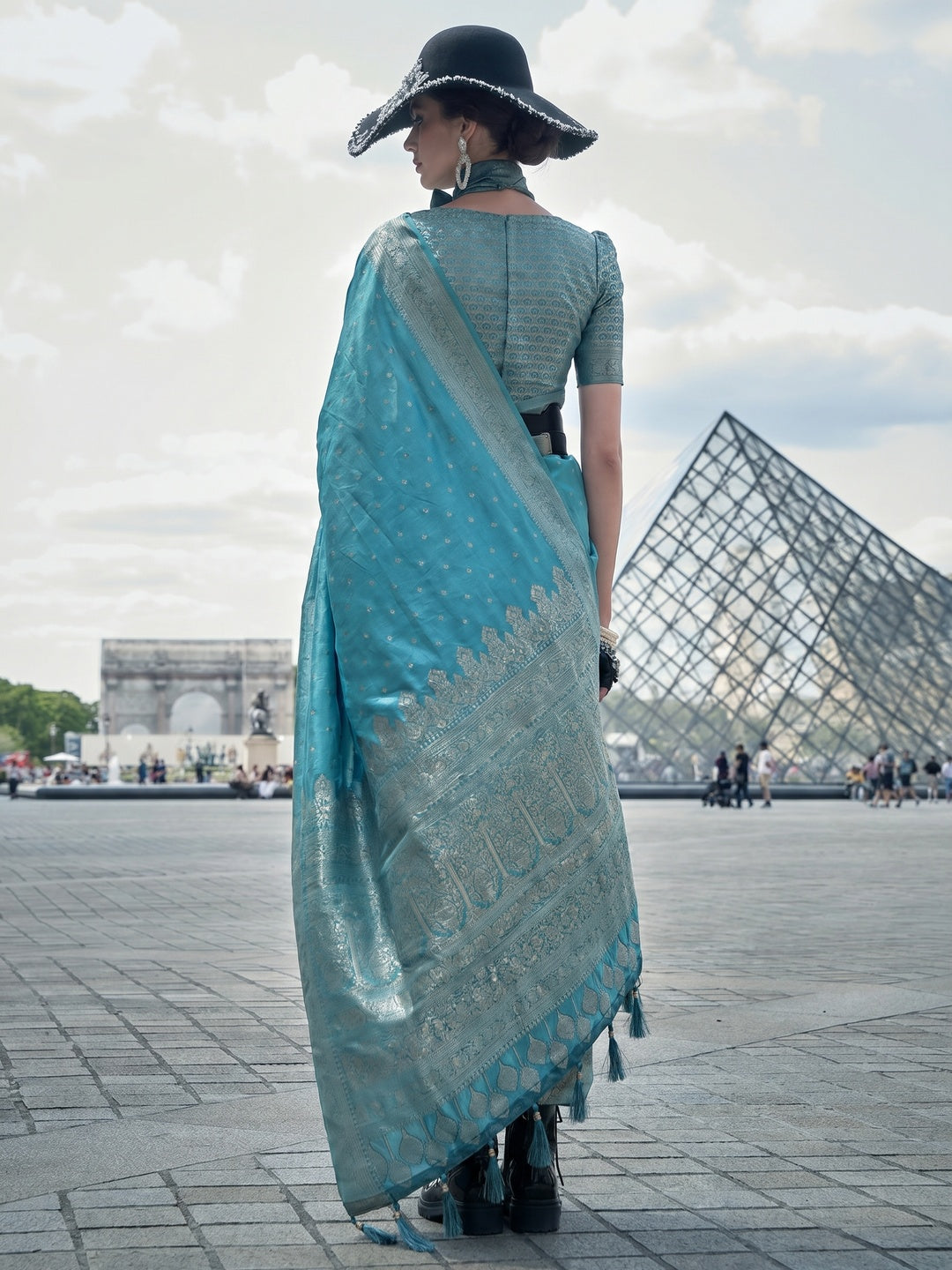 Rama Blue Zari Woven Satin Saree With Tassels - Image 2