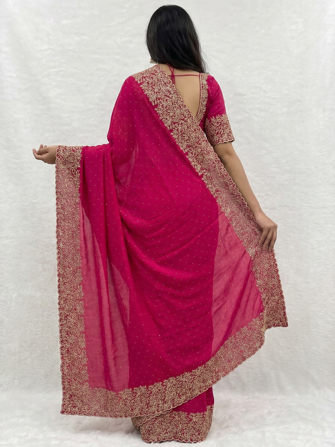 Pink Zari Embroidered With Stonework Vichitra Silk Saree - Image 2