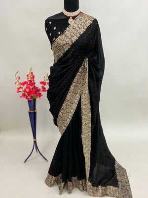 Black Zari Embroidered With Stonework Vichitra Silk Saree - Image 2