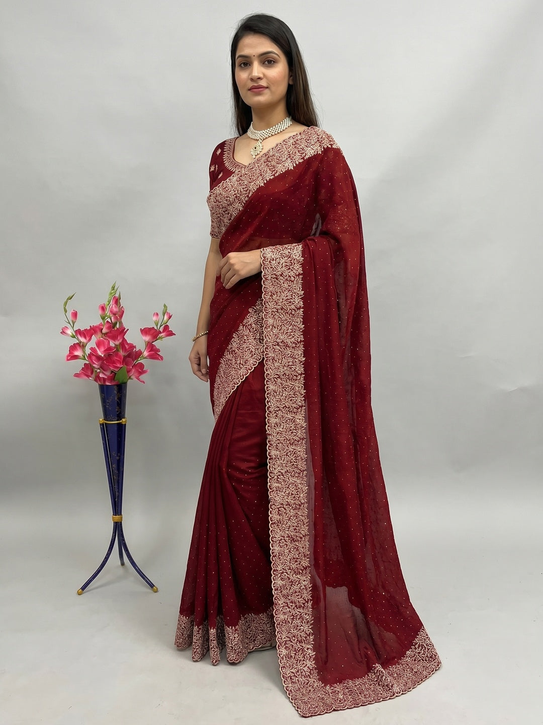 Maroon Zari Embroidered With Stonework Vichitra Silk Saree - Image 1