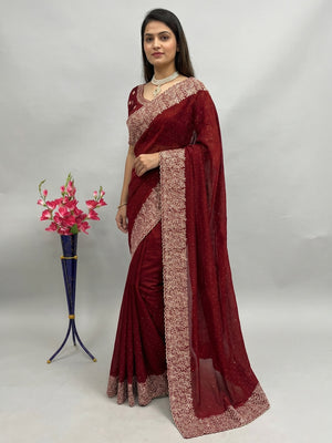 Maroon Zari Embroidered With Stonework Vichitra Silk Saree - Image 1