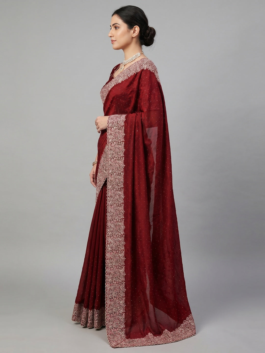 Maroon Zari Embroidered With Stonework Vichitra Silk Saree - Image 3
