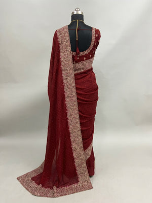 Maroon Zari Embroidered With Stonework Vichitra Silk Saree - Image 2