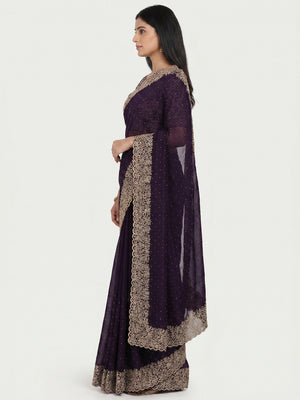 Dark Purple Zari Embroidered With Stonework Vichitra Silk Saree - Image 2