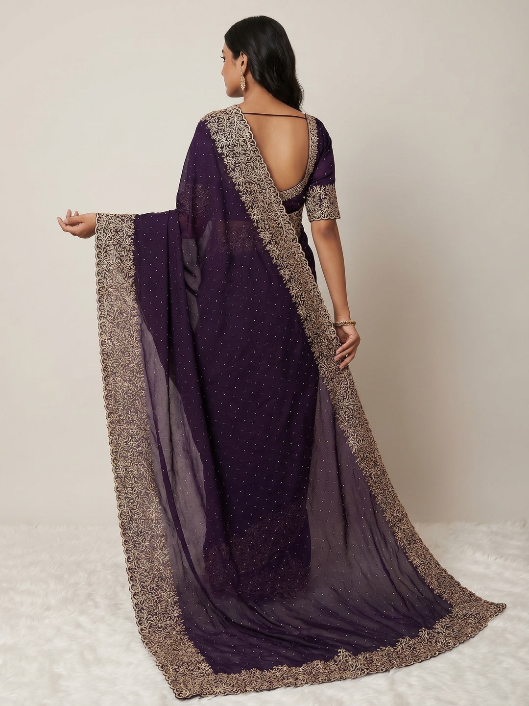 Dark Purple Zari Embroidered With Stonework Vichitra Silk Saree - Image 3