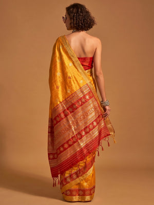Mustard Woven Art Silk Saree With Tassels - Image 1