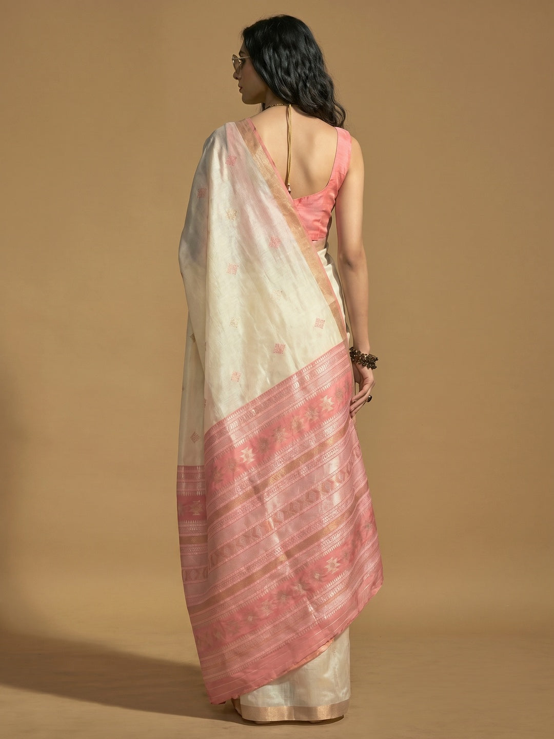Off White Woven Art Silk Saree With Tassels - Image 1