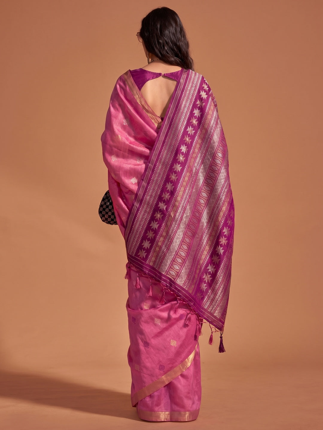 Pink Woven Art Silk Saree With Tassels - Image 1