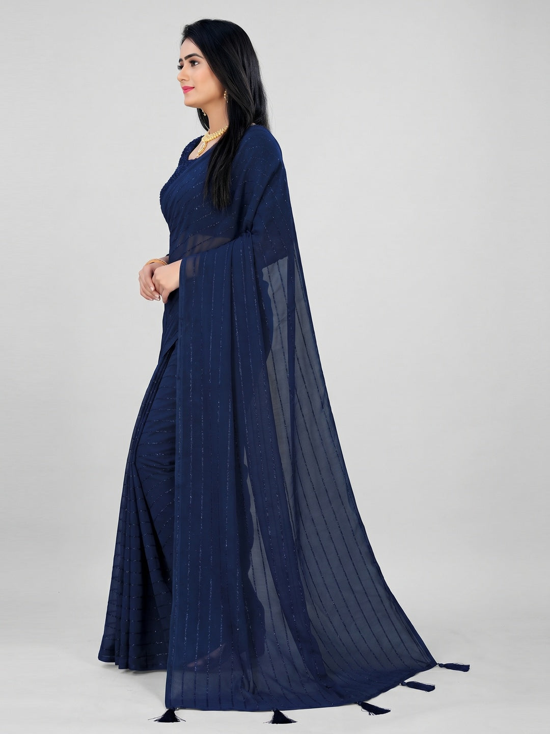 Blue Woven Chiffon Saree with Tassels - Image 1