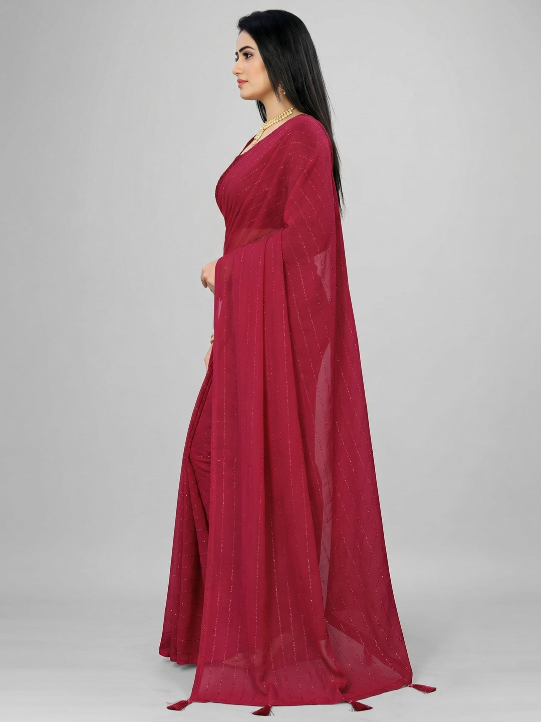 Rani Pink Woven Chiffon Saree with Tassels - Image 1