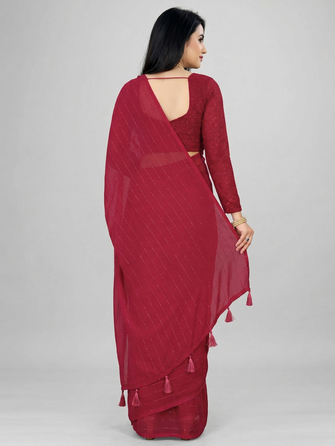 Rani Pink Woven Chiffon Saree with Tassels - Image 2