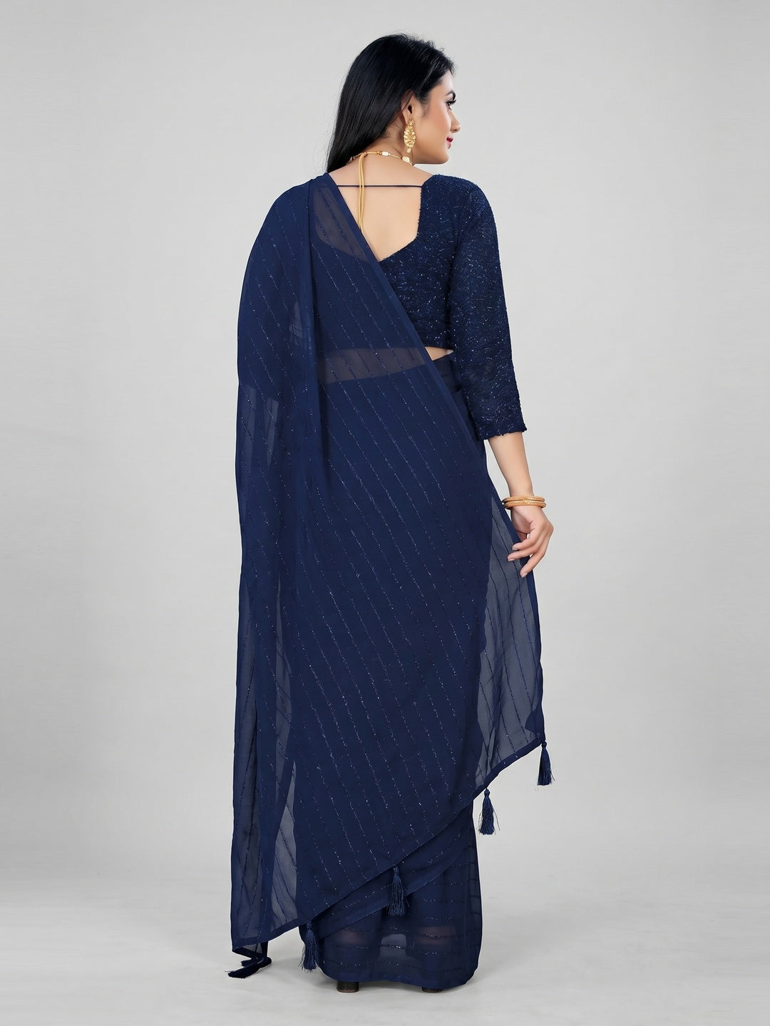Blue Woven Chiffon Saree with Tassels - Image 2