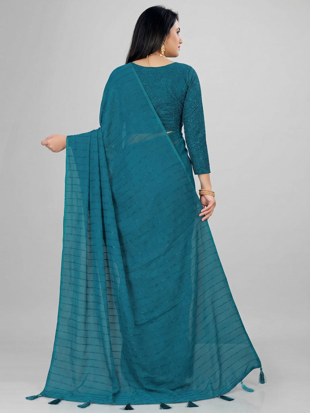 Teal Woven Chiffon Saree with Tassels - Image 2